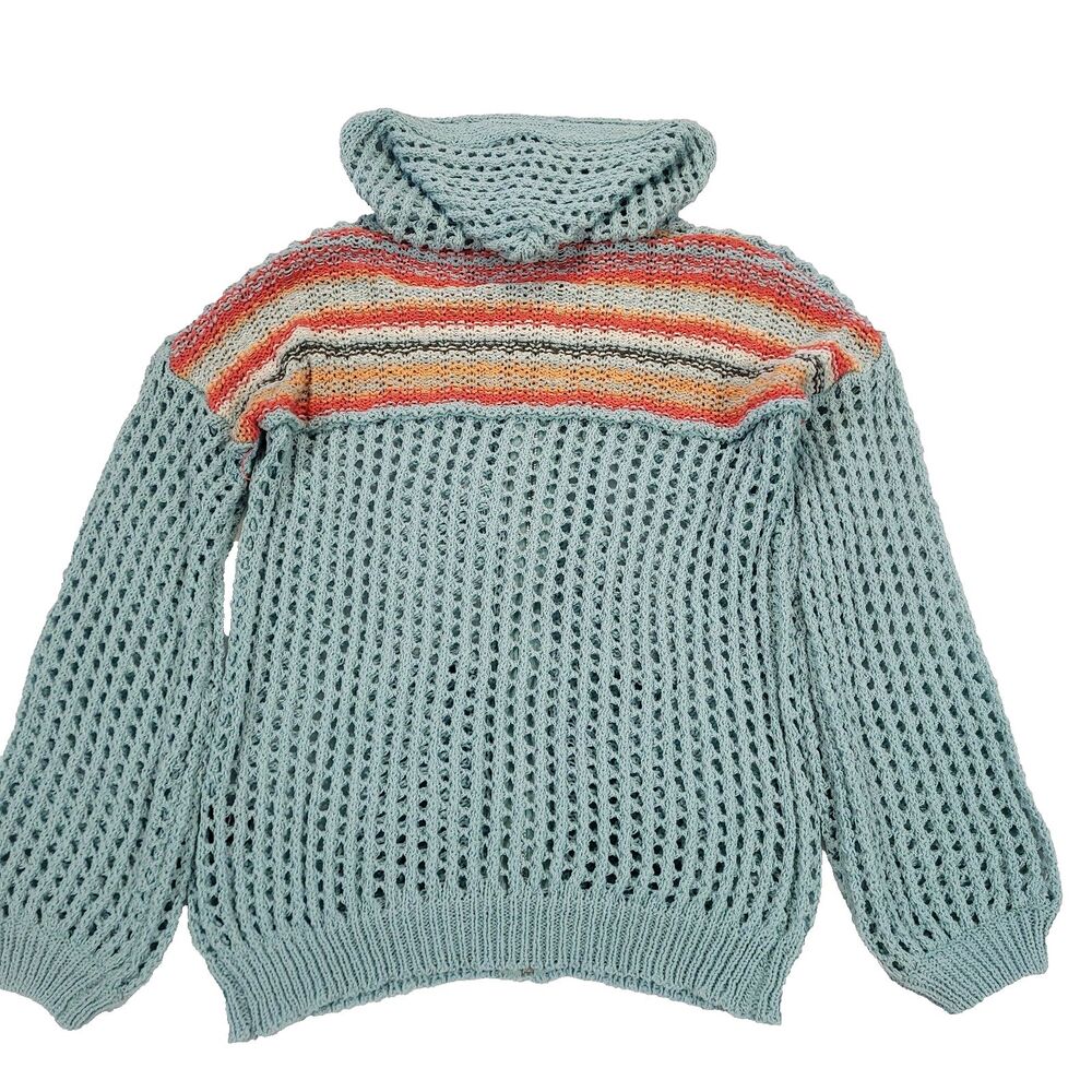 Pol crochet striped Hoodie L Blue Beachy Coastal Balloon Sleeves boho Open‎ Knit